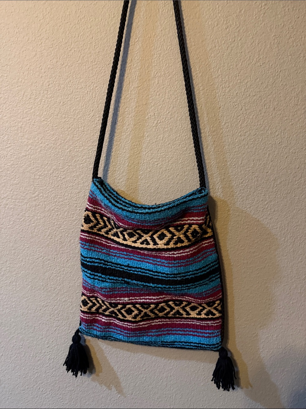 Boho Woven Striped Crossbody Bag Turquoise Magenta Black Tassels